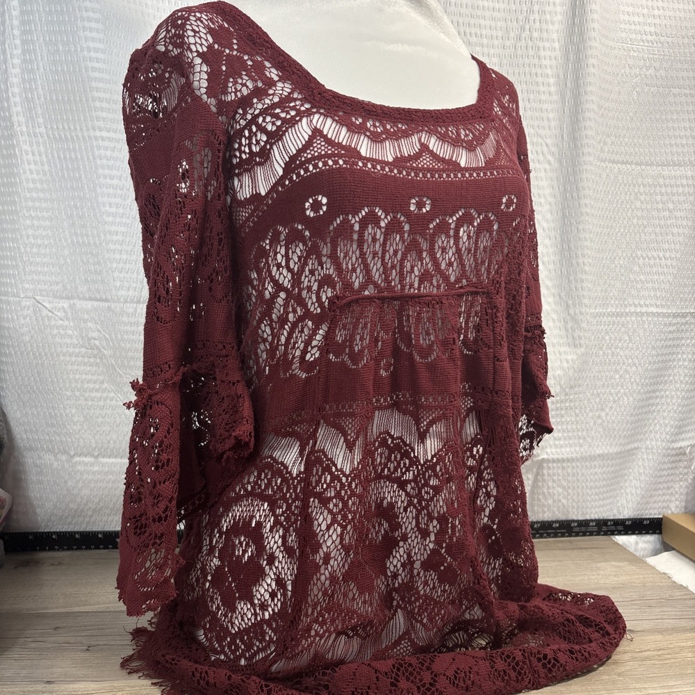 Free People XS Womens Dress Burgundy Lace Mini Bell Sleeves Floral No Slip